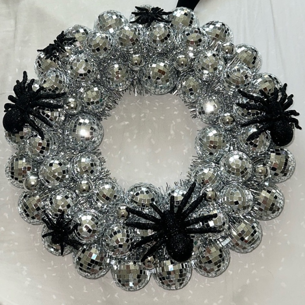 15" Glam Halloween DISCO BALL Spider Wreath by Rachel Zoe NEW